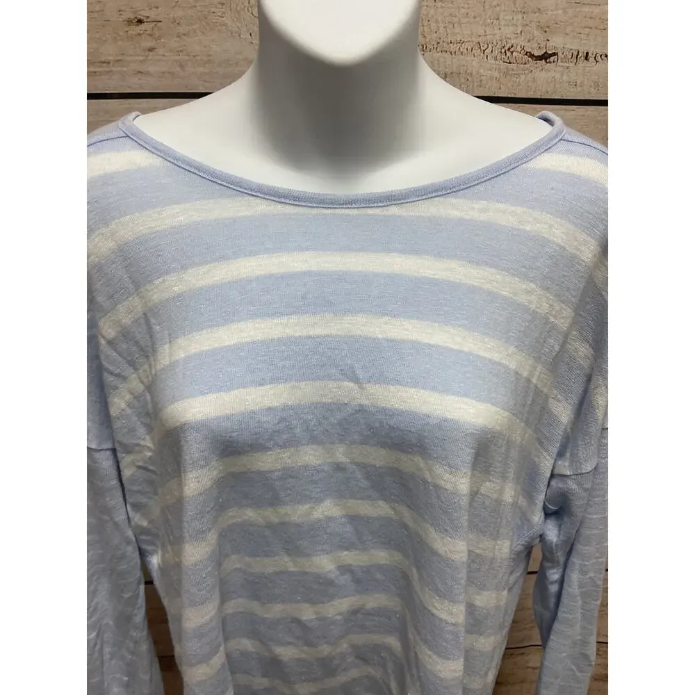 Athleta Womens Linen Shirt Size Large Blue Striped Blouse Casual Top Long Sleeve - Picture 6 of 13